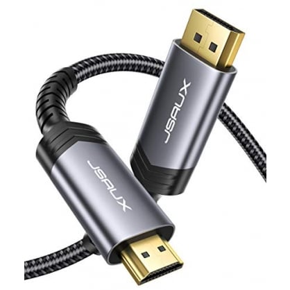 JSAUX Cable Displayport a HDMI [3M] Duradero Cable DP a HDMI Hombre a Hombre Trenzado Nylon con Conector Chapado en Oro para PC/HDTV/Porttil/Proyector/Monitor/DELL/HP y Ms-Gris