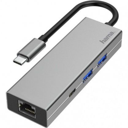 Hama Hub 4 Puertos USB-C a USB-A/USB-C/RJ-45 Gris