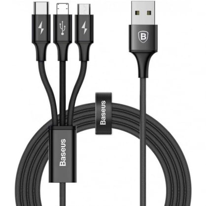 Baseus Cable USB-A a USB Tipo-C + Micro USB + Ligthing 1.2m Negro