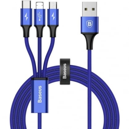Baseus Cable USB-A a USB Tipo-C + Micro USB + Ligthing 1.2m Azul