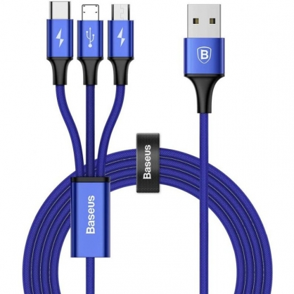 Baseus Cable USB-A a USB Tipo-C + Micro USB + Ligthing 1.2m Azul