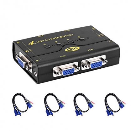 VGA KVM Switch 4 Puertos + Kits de Cable + USB 2.0 HUB Soporte de Audio Micrfono 2048 * 1536 450MHz, 4 computadoras Compartiendo PC Monitor Teclado Mouse Impresora Escner Jump Drive CKL-41UA