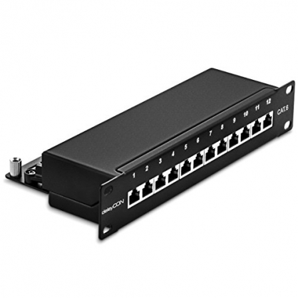 deleyCON CAT6 Patch Panel El Panel de Correccin 12 Puertos Escritorio 10' Pulgadas el Montaje en Rack Ensamblaje del Servidor 12x RJ45 Blindado TIA568A TIA568B - Negro