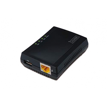 DIGITUS Fast Ethernet Usb - Servidor de red, multifuncional para NAS, concentrador USB, impresora, unidad de DVD, 1 puerto, USB 2.0, red de 10/100 Mbit / s,RJ45 , negro